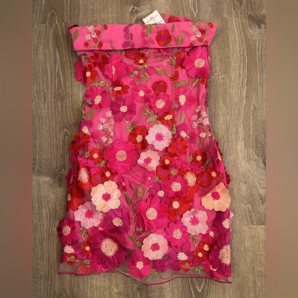 entro Hot Pink Floral Embroidered Strapless Mini Dress